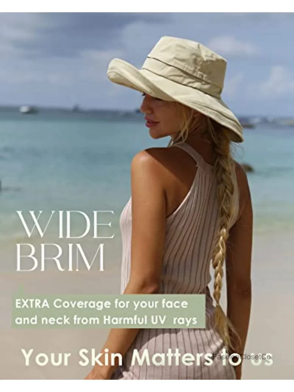 Wide Brim Sun Hat with Ponytail Hole Foldable Adjustable Cotton Beach Hat